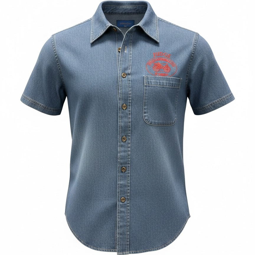 Blue denim shirt with a red logo on a white background